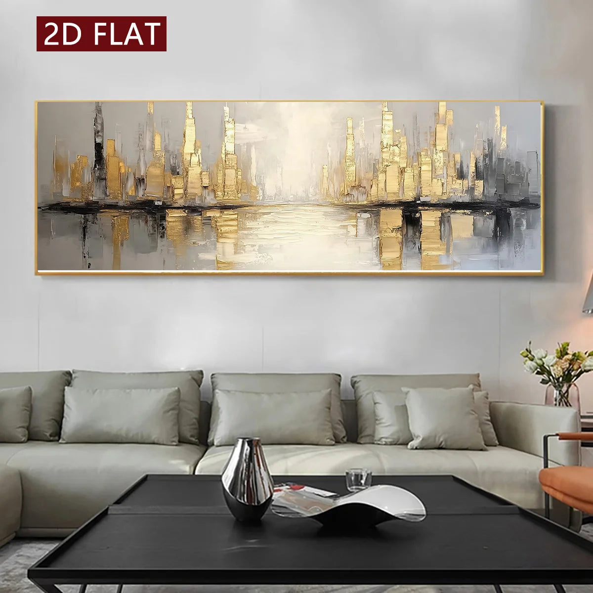 Modern Abstract Wide Format Cityscape Wall Art Fine Art Canvas Print – Golden Grey Skyline Landscape Artwork for Contemporary Living Room Decor