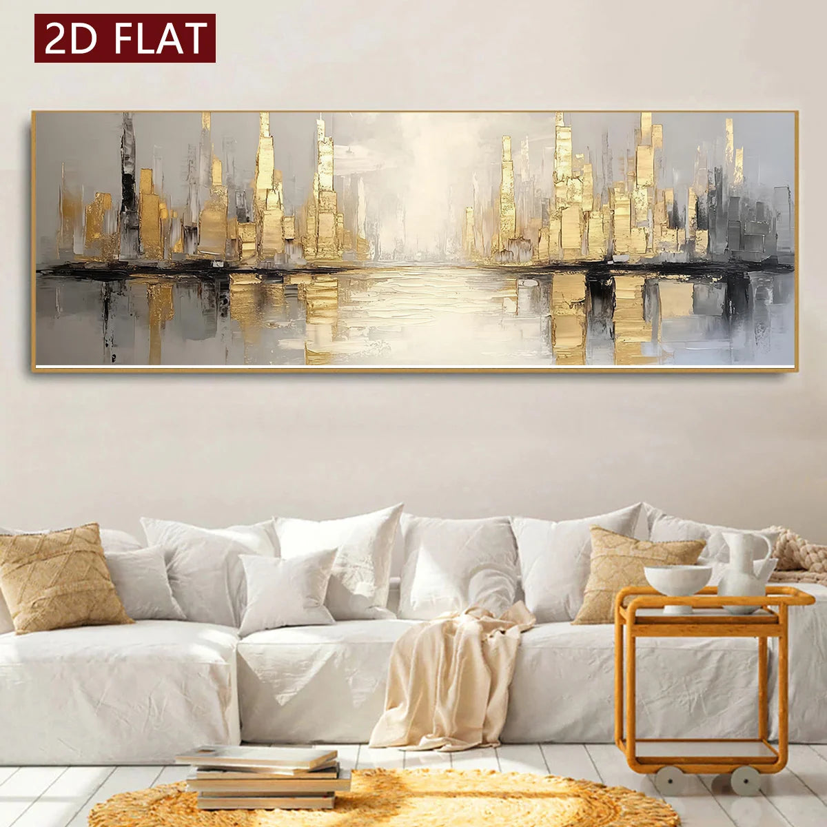 A large rectangular abstract cityscape wall art piece with gold, gray, black, and white tones, displayed above a white sofa in a styled living room. A red label in the top-left corner reads “2D FLAT.