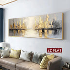 A panoramic framed canvas print of a city skyline with gold and gray skyscrapers reflected in water, displayed on a light gray wall above a beige sofa with decorative pillows. A red label reads '2D FLAT'.