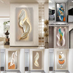 Decorative wall art pieces with feather designs in a modern interior setting.