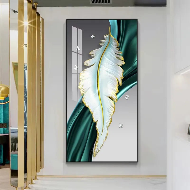 Decorative wall art with a leaf design on a green background in a modern interior setting.