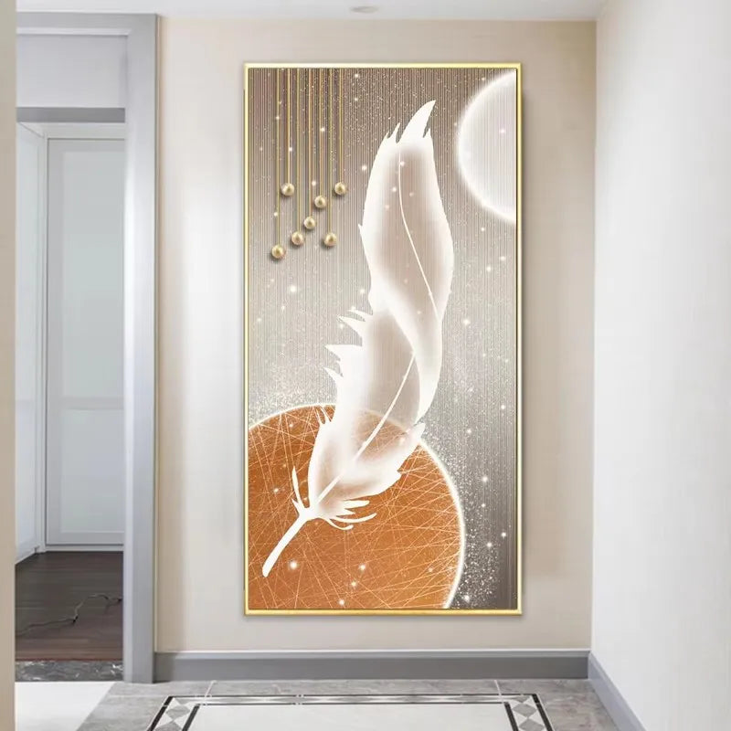 Decorative wall art with feathers and abstract design in a modern interior setting.