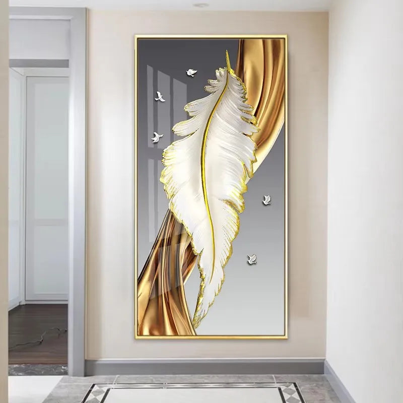 Decorative wall art of gold and white feathers in a modern interior setting.