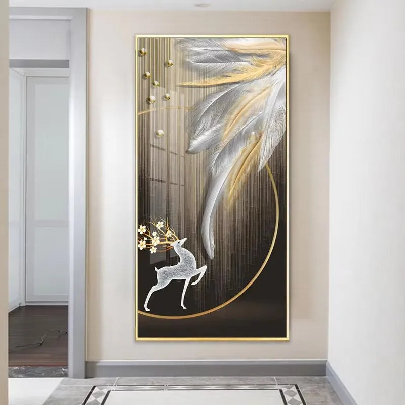 Decorative wall art with abstract design of feathers and deer in a modern interior setting.