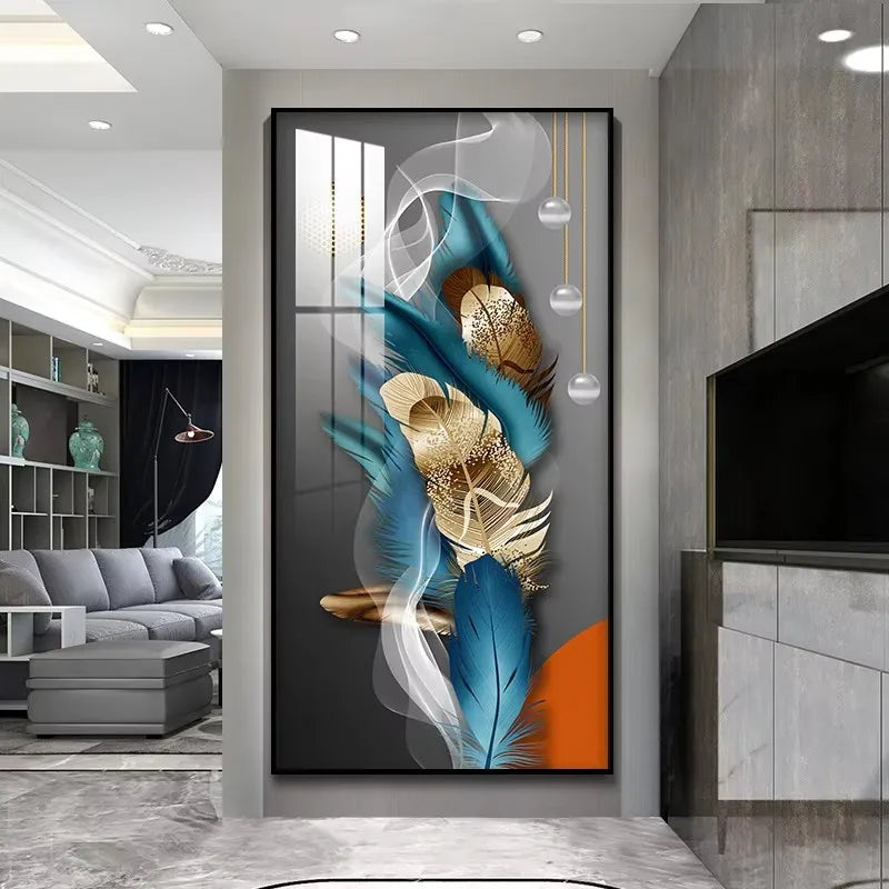 Decorative wall art with feathers in a modern living room.