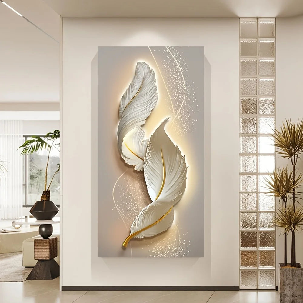 Decorative wall art of feathers in a modern interior setting