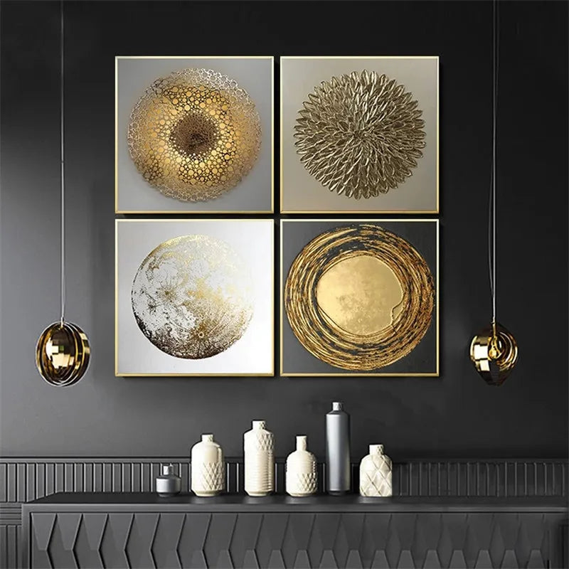 Decorative wall art with gold and silver designs on a dark wall with vases below.