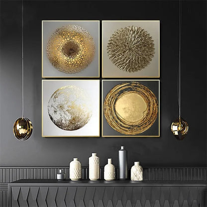 Decorative wall art with gold and silver designs on a dark wall with vases below.
