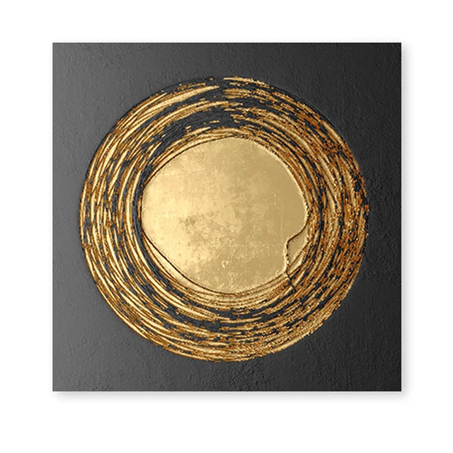 Decorative wall art with concentric gold circles on a black background