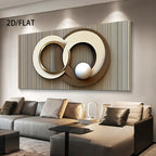 Modern living room with a large abstract wall art piece above a sofa.