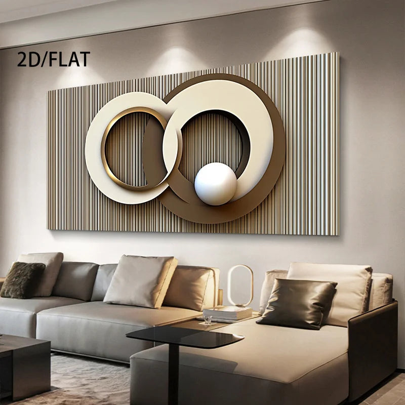 Modern living room with a large abstract wall art piece above a sofa.