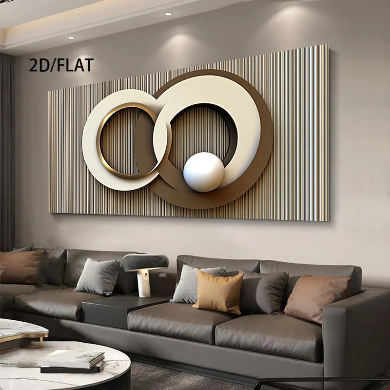 Modern living room with a large abstract wall art piece above a gray sofa.