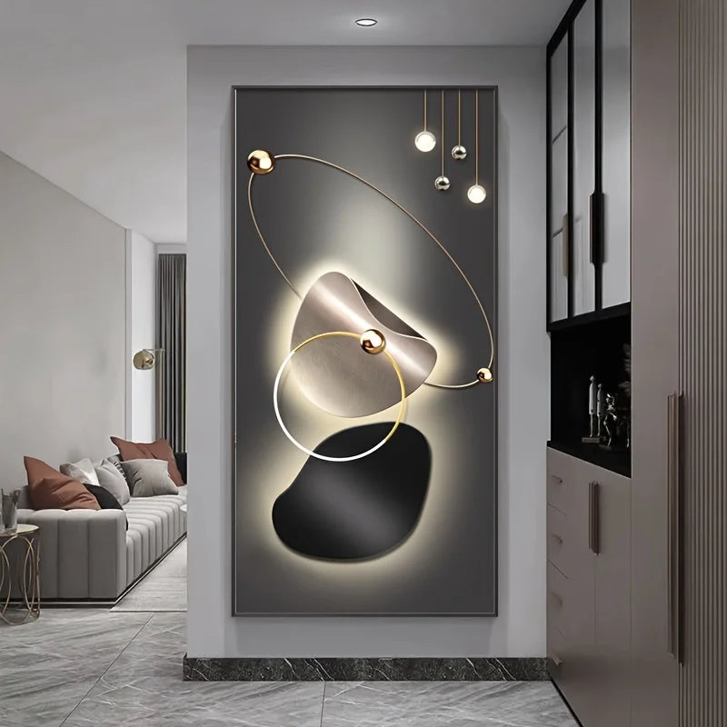 Modern interior design with abstract wall art in a living room.