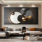 A large abstract wall art piece with geometric shapes in black, white, gray, and metallic gold, displayed above a modern beige sofa in a styled living room. The text '2D/FLAT' appears in the top left corner.