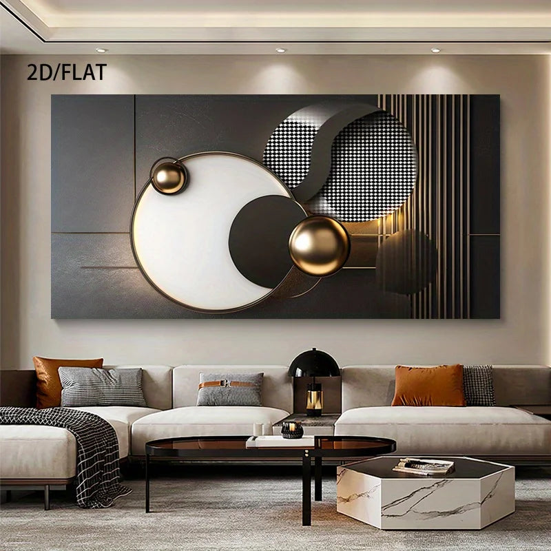 A large abstract wall art piece with geometric shapes in black, white, gray, and metallic gold, displayed above a modern beige sofa in a styled living room. The text '2D/FLAT' appears in the top left corner.