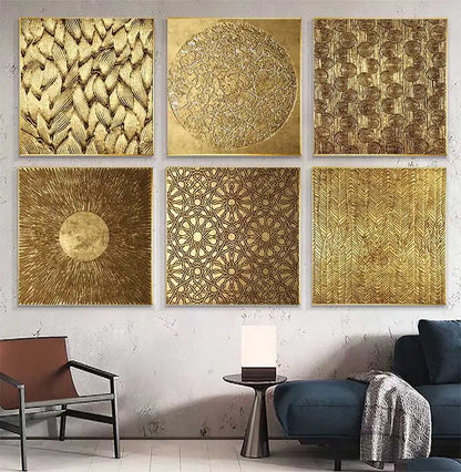 Set of six gold textured wall art pieces on a white wall with a modern interior setting.
