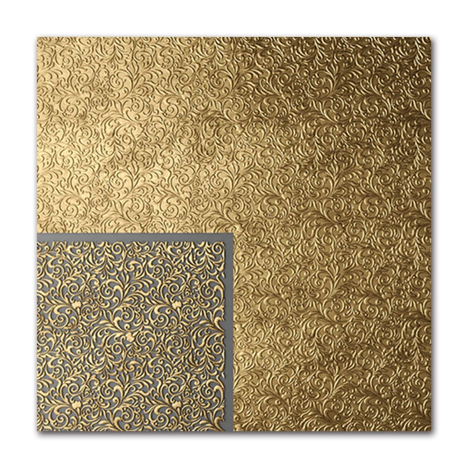 Gold embossed paper with a smaller square showing the texture on a white background