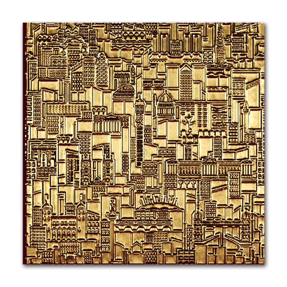 Gold embossed cityscape pattern on a white background