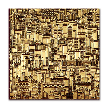 Gold embossed cityscape pattern on a white background