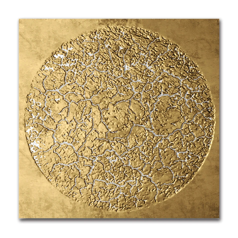 Decorative wall art with gold and silver circular design on a gold background