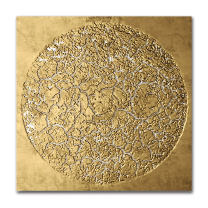 Decorative wall art with gold and silver circular design on a gold background