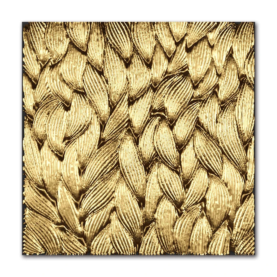 Close-up of a textured gold surface with a woven pattern