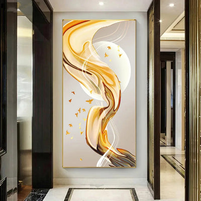 Modern Abstract Auspicious Golden Flowing Ribbon Wall Art Fine Art Canvas Prints Pictures For Living Room Entryway Reception Room Light Luxury Foyer Art Decor