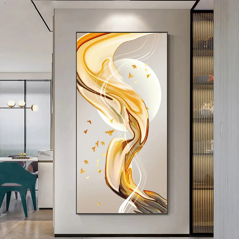 Modern Abstract Auspicious Golden Flowing Ribbon Wall Art Fine Art Canvas Prints Pictures For Living Room Entryway Reception Room Light Luxury Foyer Art Decor