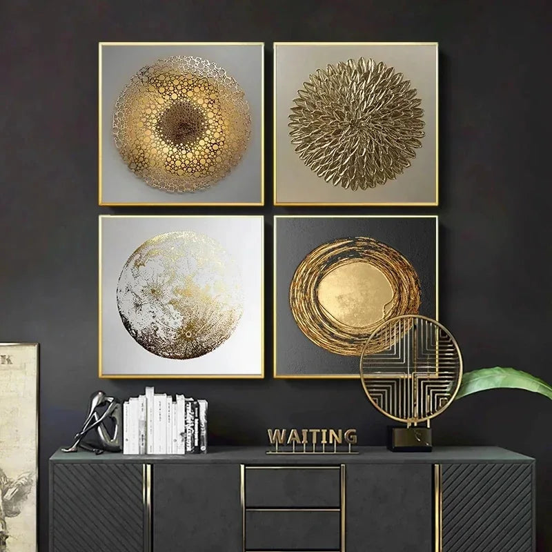 Modern Aesthetics Black Golden Abstract Geometric Wall Art Fine Art Canvas Prints Square Format Pictures For Living Room Dining Room Art For Light Luxury Home Decor