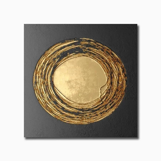 Abstract art piece with gold circular design on a black background