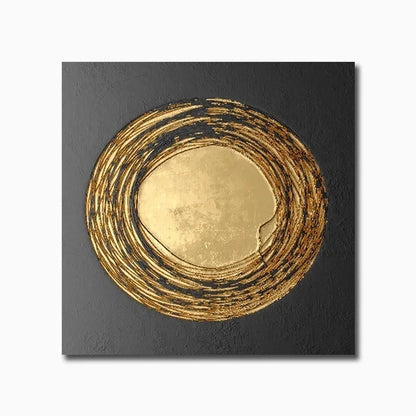 Abstract art piece with gold circular design on a black background