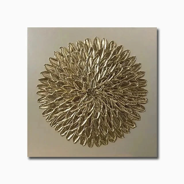 Decorative wall art with a gold floral design on a beige background
