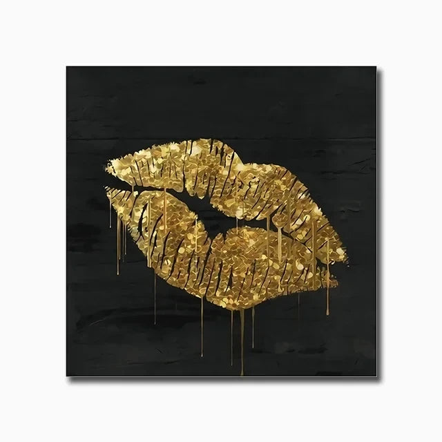 Gold lips art print on a black background