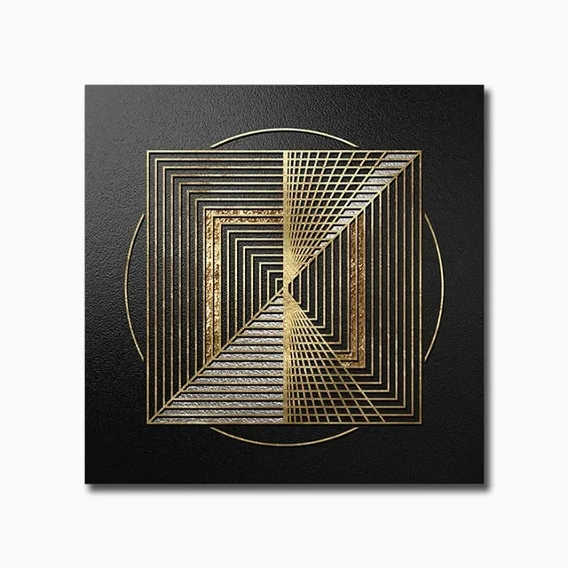 Geometric art piece with gold and silver lines on a black background
