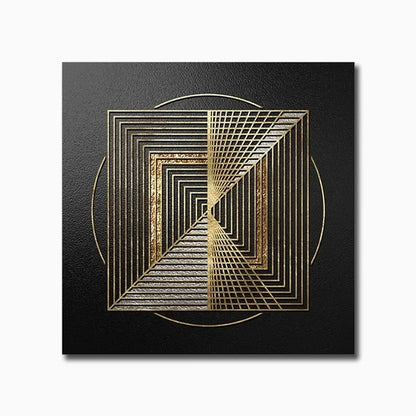 Geometric art piece with gold and silver lines on a black background