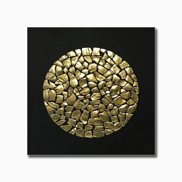 Gold circular mosaic design on a black background