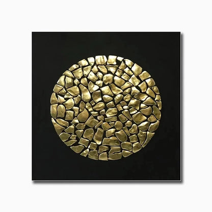 Gold circular mosaic design on a black background