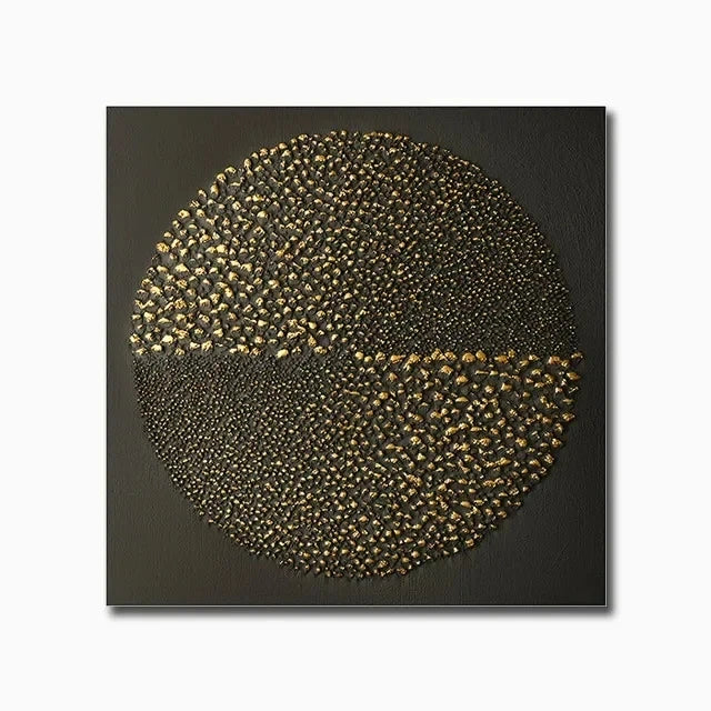Abstract art piece with concentric circles of gold and black on a dark background