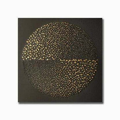 Abstract art piece with concentric circles of gold and black on a dark background