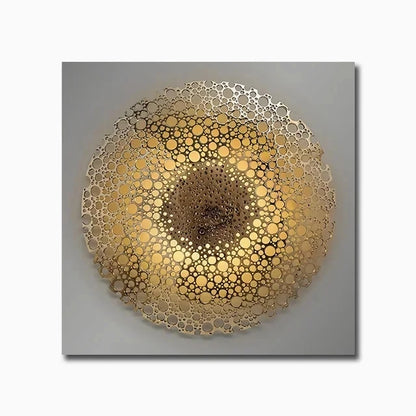 Decorative wall art with a gold circular pattern on a gray background