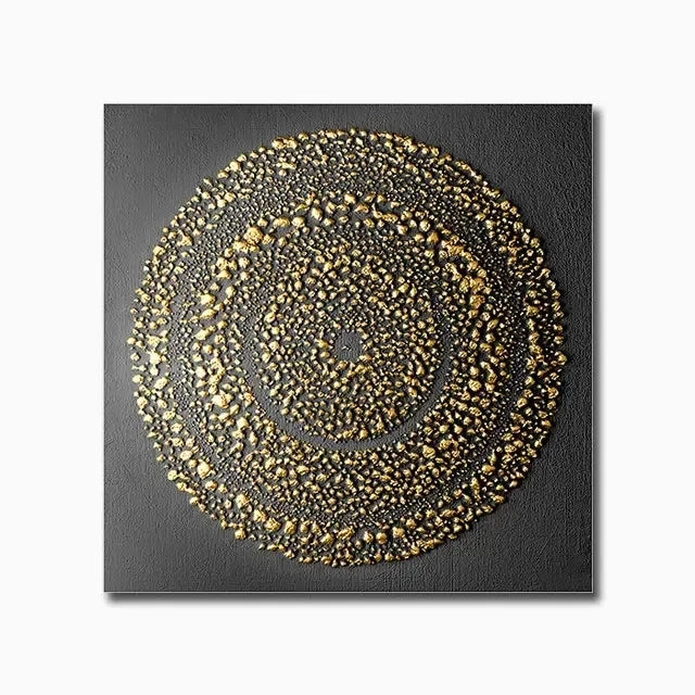 Decorative wall art with concentric gold circles on a black background