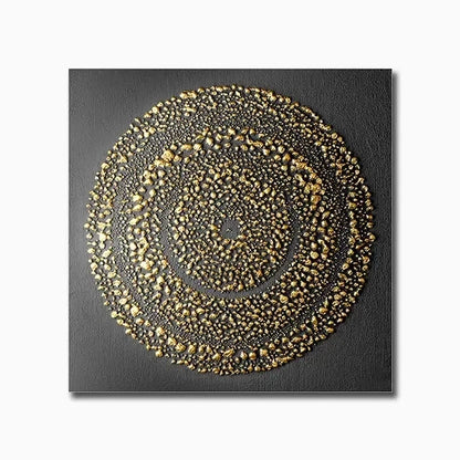 Decorative wall art with concentric gold circles on a black background