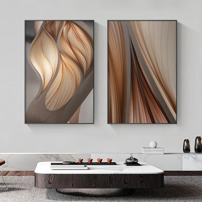 Modern Aesthetics Golden Brown Flowing Ripples Abstract Wall Art Fine Art Canvas Prints Pictures For Luxury Apartment Living Room Modern Foyer Entranceway Decor