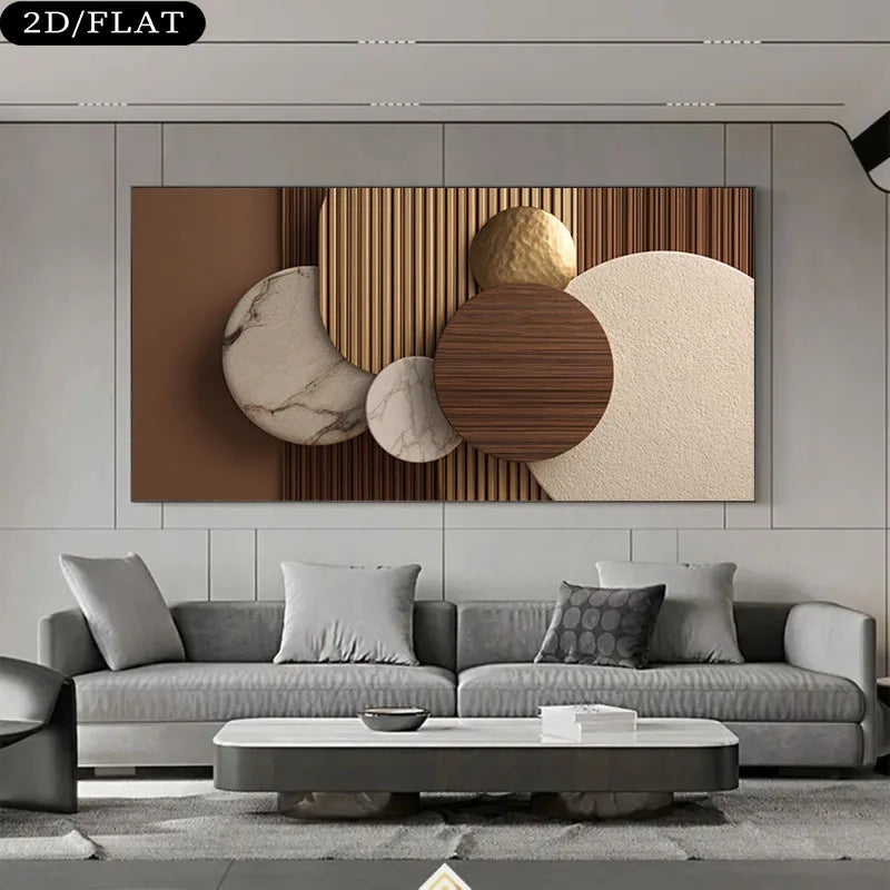 Modern living room with a gray sofa, abstract wall art, and a coffee table.