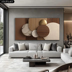Modern living room with a large abstract painting on the wall.