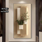 Modern Aesthetics Neutral Geometric Botanical Wall Art Fine Art Canvas Print Beige Vertical Slat Artwork With Green Foliage Accents Hallway Home Décor