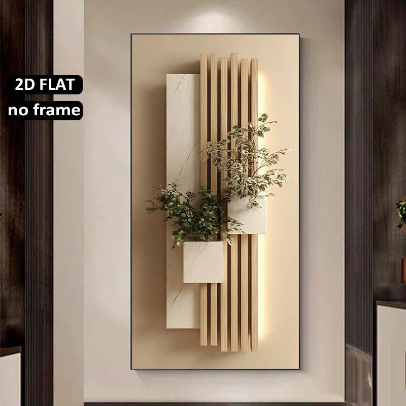 Modern Aesthetics Neutral Geometric Botanical Wall Art Fine Art Canvas Print Beige Vertical Slat Artwork With Green Foliage Accents Hallway Home Décor