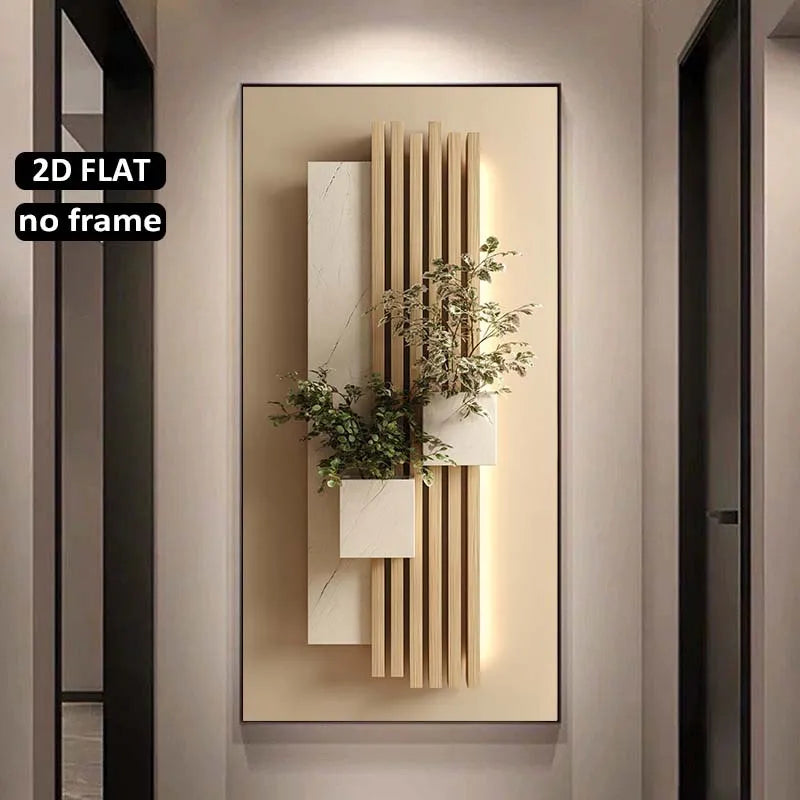 Modern Aesthetics Neutral Geometric Botanical Wall Art Fine Art Canvas Print Beige Vertical Slat Artwork With Green Foliage Accents Hallway Home Décor