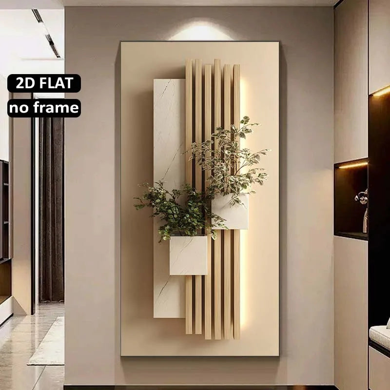 Modern Aesthetics Neutral Geometric Botanical Wall Art Fine Art Canvas Print Beige Vertical Slat Artwork With Green Foliage Accents Hallway Home Décor