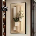 Modern Aesthetics Neutral Geometric Botanical Wall Art Fine Art Canvas Print Beige Vertical Slat Artwork With Green Foliage Accents Hallway Home Décor